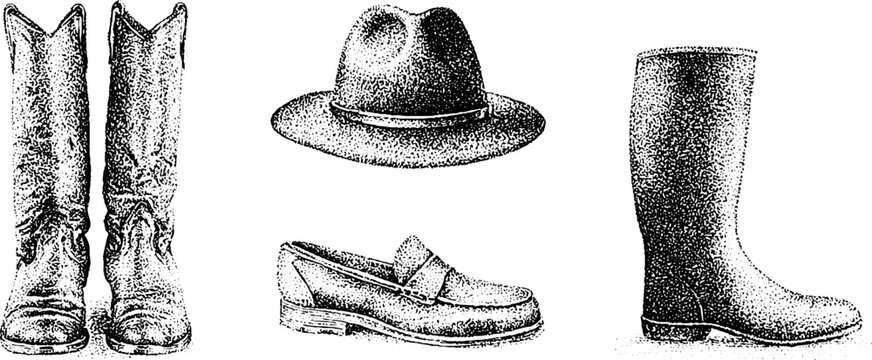 Black and white stipple leather footwear and hat illustration set with boots loafer and rubber boot for fashion background and label design