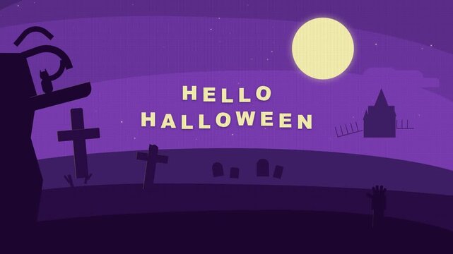 Hello Halloween Greeting Card Animation with Spooky Graveyard and Full Moon.