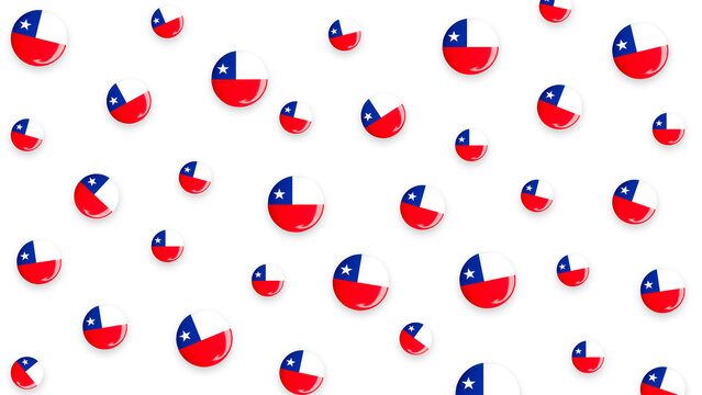 Staggered seamless pattern of glossy button badges featuring the national flag of Chile over transparent background, panoramic horizontal 16:9 format.