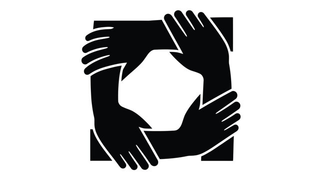Four black silhouette hands interlocking in a square formation representing unity and global team connection