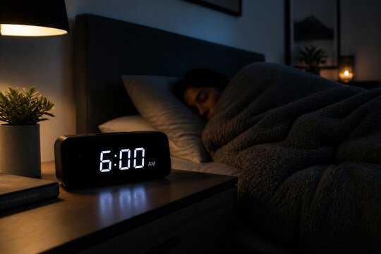 Soft glow lights warm the bedroom scene. Person sleeps peacefully under cozy blanket. Digital clock shows 6:00, signaling early morning. Dark tones create tranquil, restful atmosphere