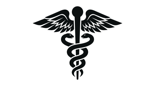 Black caduceus medical symbol featuring two intertwined snakes and winged staff on a white background