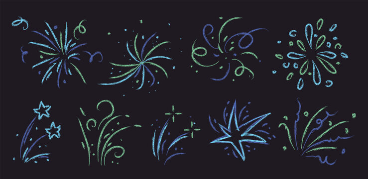 Crayon doodle fireworks set with color bursts and stars. Vector realistic illustration of hand drawn pastel pencil sketch elements for celebration designs, party invitations, festive summer background