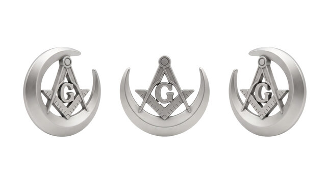 Three identical silver masonic crescent moon emblems arranged side by side, masonic symbols