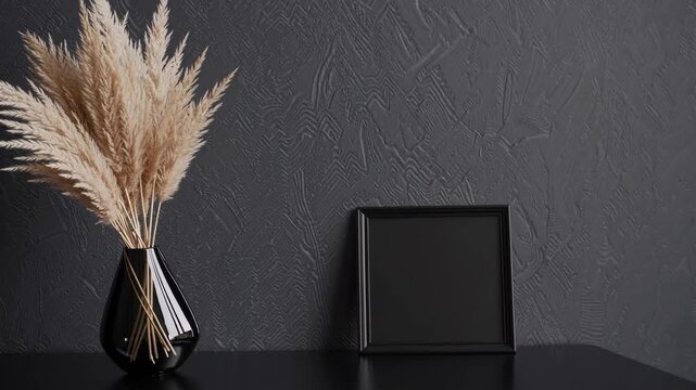 Elegant minimalist home decor with dried pampas grass in a black vase and a blank square picture frame against a dark textured wall