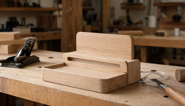 A light wood smartphone charging station with a cable slot sitting on a workbench in a woodworking shop with various tools in the background