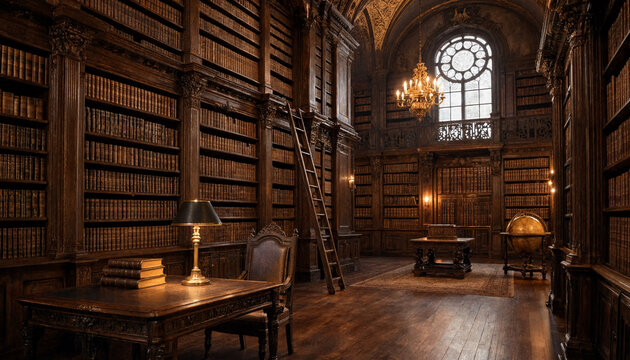 An old historic library with tall wooden bookshelves, a rolling ladder, a large desk with a lamp, and a globe in a grand room with ceilings