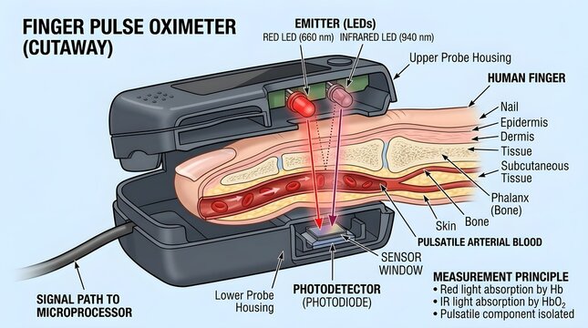 Finger pulse oximeter measuring blood oxygen levels