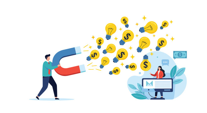 Businessman using a large magnet to attract creative money ideas represented by lightbulbs with dollar signs in a flat vector design.