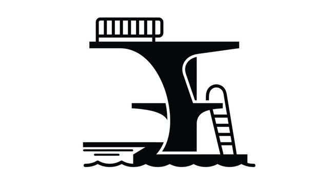 A bold black and white vector icon illustration featuring a tall swimming pool diving board