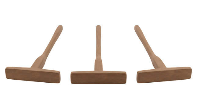 Three identical wooden scrapers t-shaped rakes arranged side by side, casino elements