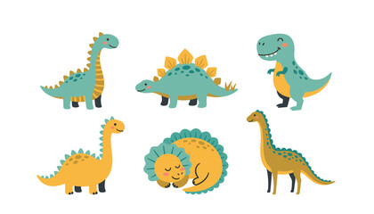 Cute cartoon dinosaur vector character set with friendly smiling t-rex stegosaurus triceratops and brachiosaurus for kids © Siraj