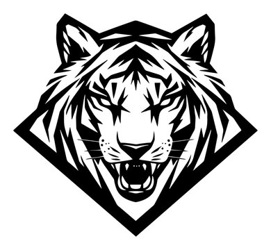 Roaring tiger head emblem in bold geometric stencil style