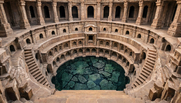 Ancient stone stepwell with intricate architectural columns and arches surrounding a central pool of green water in a historic indian structure