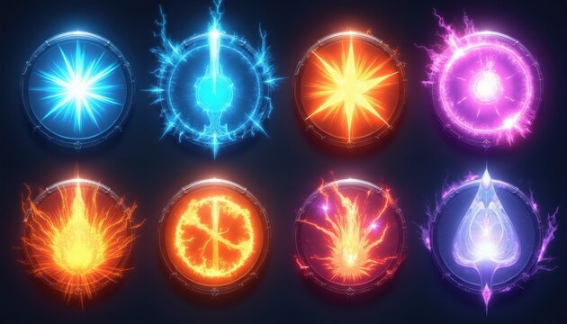 Collection of glowing magical circles with elemental energy effects like fire, ice, lightning, and abstract magic. These fantasy game icons have a futuristic neon sci-fi style, ready for digital art.