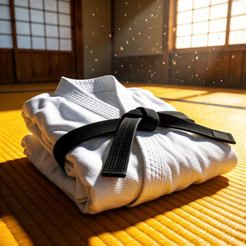 karate lively white gi with black belt on tatami mat