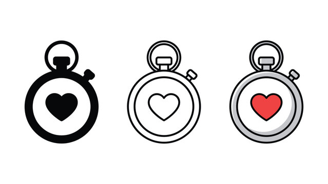 Three stopwatch icons with heart symbols on white background