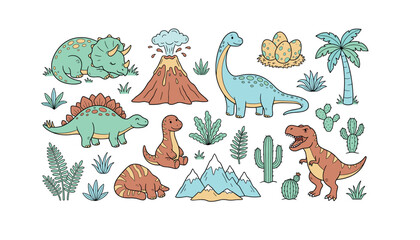 Cute cartoon dinosaur vector set with funny friendly t-rex brachiosaurus stegosaurus triceratops volcano and tropical plants elements © Siraj
