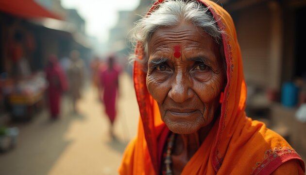 Portrait of old Indian woman with wrinkled face, bindi on forehead. Senior lady wears orange traditional saree clothing. Person looks at camera in crowded village street background. Asian grandmother