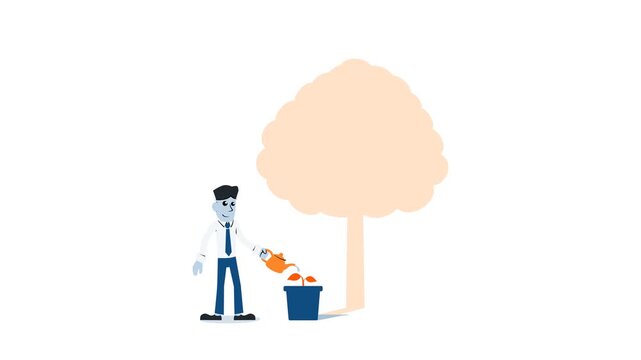 Animated cartoon businessman watering a small potted plant with a giant tree shadow on the wall, vector loop representing business scalability, growth potential, and future investment concepts