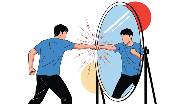 Graphic illustration of a man punching his own reflection in the mirror representing self conflict and inner struggle.