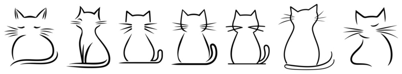 Cat silhouettes and minimalist feline line art drawings in simple style © Aisha Kudorova