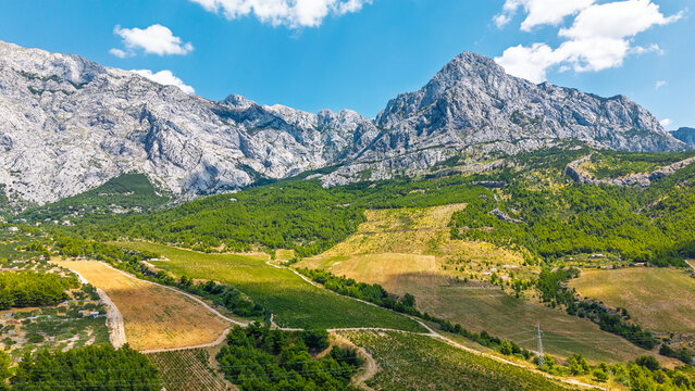 Aerial view of Biokovo mountain range and vineyards in Dalmatia, Croatia