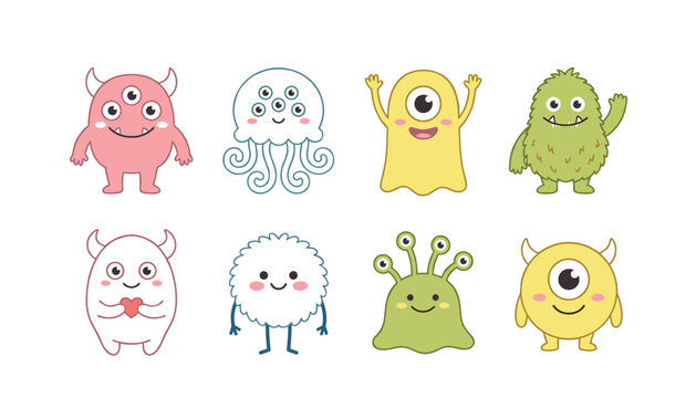 Cute cartoon monster vector icon set with friendly colorful alien characters doodle sticker collection for kids party designs