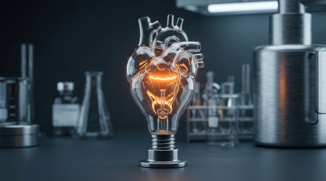 Glowing heart shaped light bulb in a laboratory research environment
