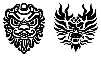 Obraz premium Asian guardian masks with bold ornamental linework