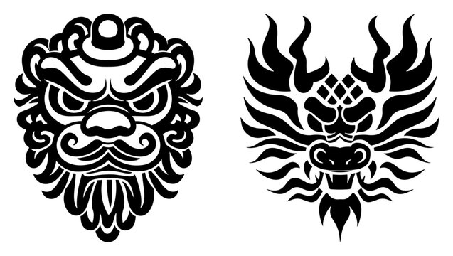 Asian guardian masks with bold ornamental linework