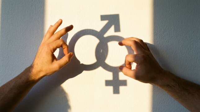 Hands forming gender symbols through shadows on a white wall surface