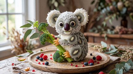Fototapeta premium Cute Koala Fruit Sculpture Made of Fresh Kiwi Shredded Coconut and Broccoli