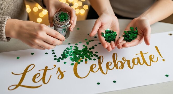 St. Patrick's Day celebration, festive decorations, green confetti, party banner