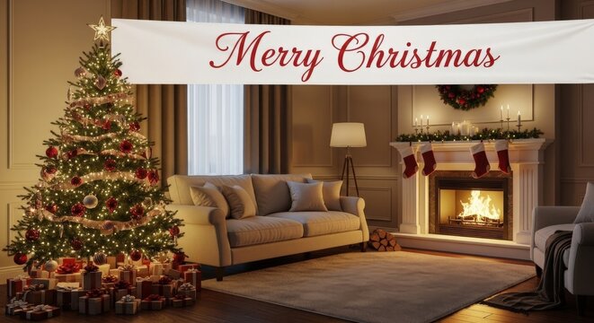 Cozy Christmas living room, Merry Christmas fireplace scene, Holiday home interior, Winter decoration