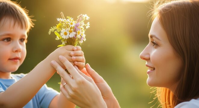 Mother, child, flowers, happy family, love, outdoors, sunny day