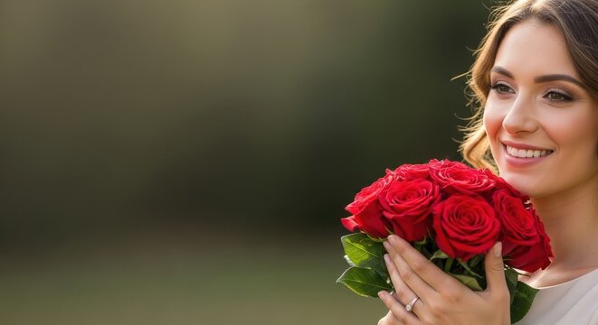 Beautiful woman holding red roses, bouquet of flowers, romantic gesture, Valentine's Day gift