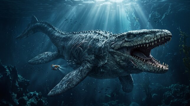 Mosasaurus Underwater  Mosasaurus Side View Illustration Mosasaurus dinosaur, sea dinosaurs Mosasaurus Reptile prehistoric sea Creature extinct dinosaur