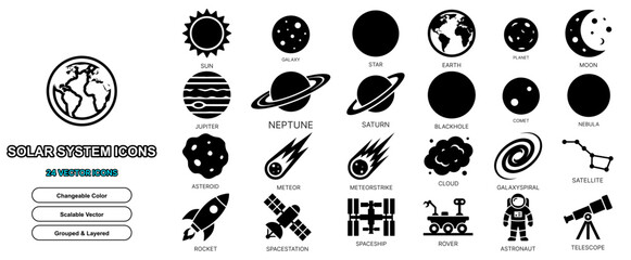 solar system flat icon set vector space planet solid glyph isolated universe galaxy web ui sign element © AfsanaBinteSalam
