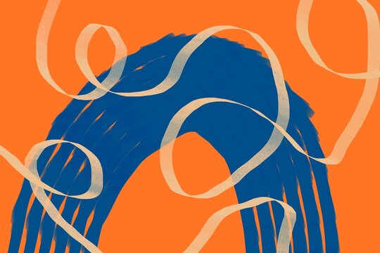 Abstract blue strokes with looping ribbons on orange