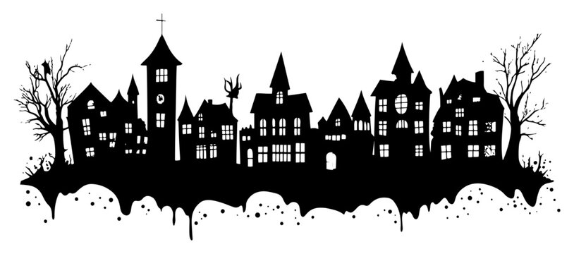 Haunted gothic town silhouette with bare trees
