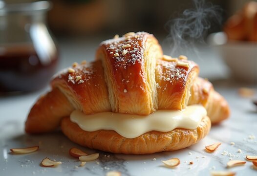 Indulgent Almond Croissant Filled with Sweet Cream on Marble Bakery Countertop