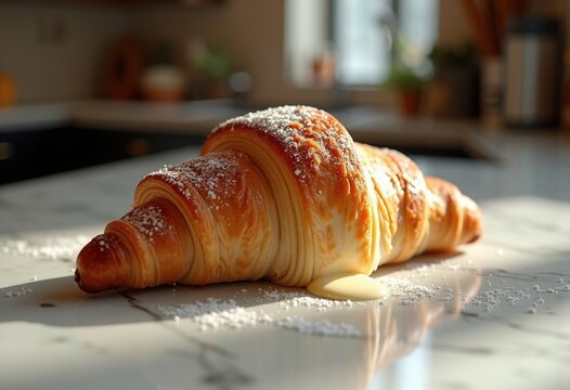 Indulgent Almond Croissant Filled with Sweet Cream on Marble Bakery Countertop