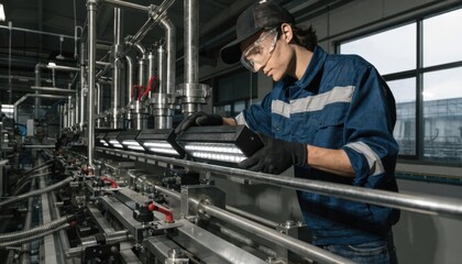 Fototapeta premium Technician installs LED UV lamp housings on a production press line carefully aligning components to ensure efficient curing performance in industrial manufacturing settings.