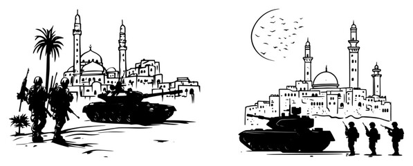 Obraz premium Military conflict in middle eastern city with soldiers and tanks in silhouette style