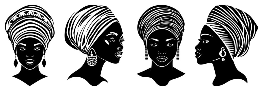 African women wearing traditional headwraps and turbans in black silhouette portrait style