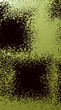 Vertical 2k minimalist abstract background animation loop featuring green pixelated/scattered cube patterns transitioning with dense darker noise and digital grain aesthetics