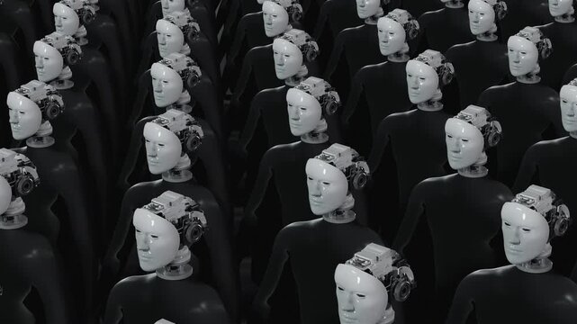 Endless 3d animation loop of humanoid cyborgs. Concept of total control, mass monitoring, privacy loss and futuristic corporate dictatorship.