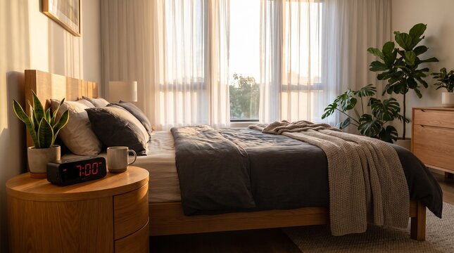 Cozy modern bedroom featuring a comfortable wooden bed with soft linen bedding and morning sunlight streaming