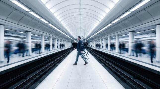 Man walking in subway station disappearing into digital pixel particles